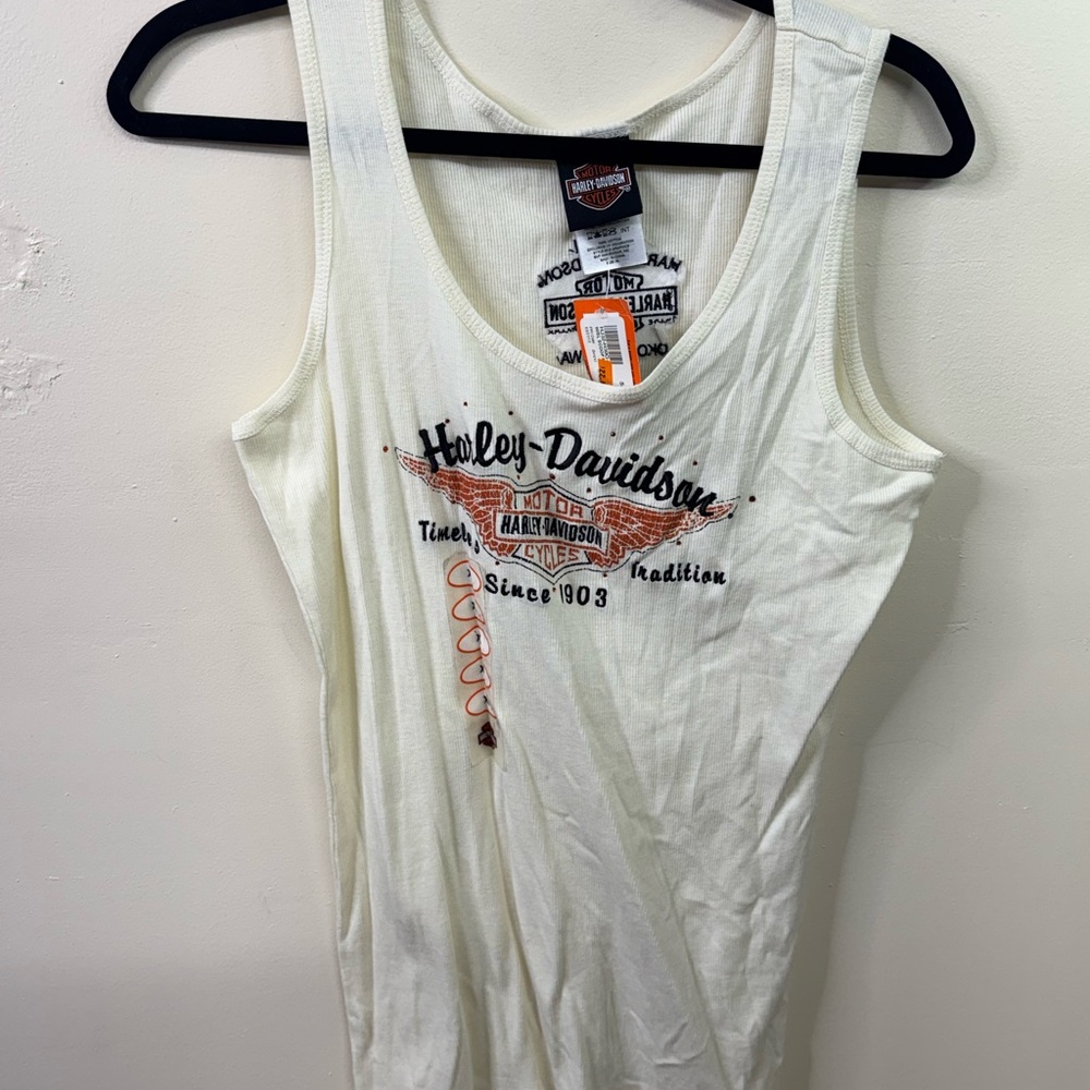 Harley-Davidson Cream Graphic Ribbed Tank with Orange Logo